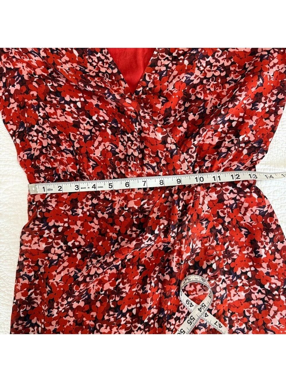 The Kooples Red Floral Long Sheer Sleeve Mini Wrap Dress Womens Size 0 Paris - Picture 14 of 15